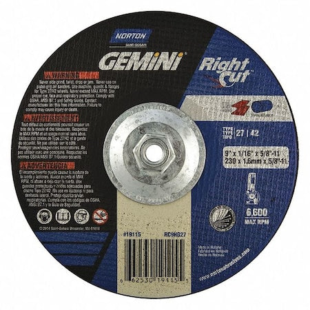 Depressed Center Wheel, Type: Type 27, Wheel Type: Rightcut Cut Off, Diameter: 9", Thickness: 0.060", Arbor Size: 5/8"-11, Abrasive Material: Aluminum Oxide, Grit: 24, Grade: Very Coarse, Max. RPM: 66