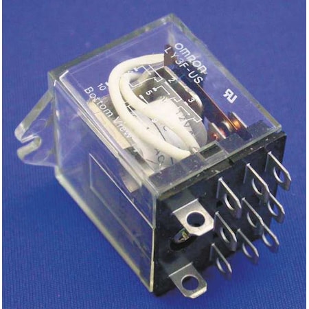Omron LY3F-AC24 General Purpose Relay, Standard Type, Plug-In/Solder Terminal, Upper Mounting Bracket, Single Contact, Triple Pole Double Throw Contacts, 80 mA at 50 Hz and 67 mA at 60 Hz Rated Load Current, 24 VAC Rated Load Voltage