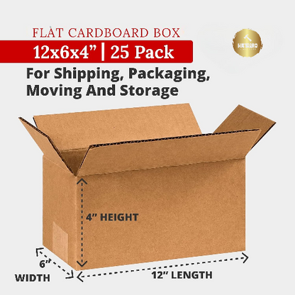 Flat Corrugated Cardboard Shipping Boxes 12"L x 6"W x 4"H (25 Pack)