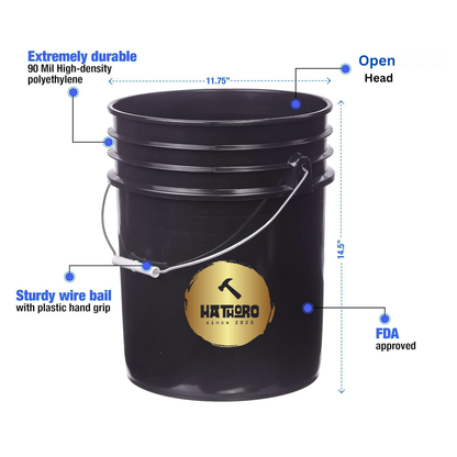 5 gal Open Head Pail, 12-3/8 in Dia, 14-3/4 in H, Black, HDPE
