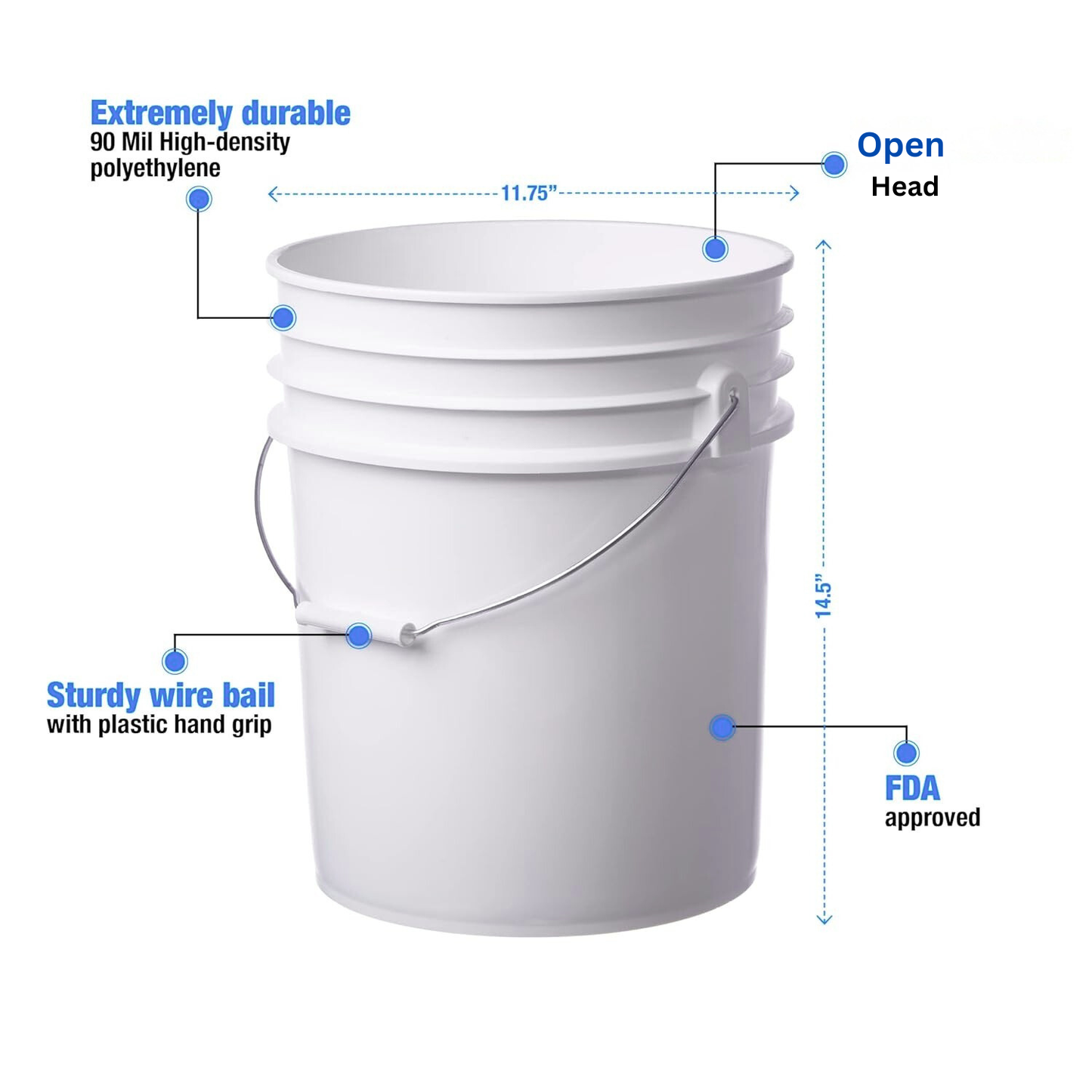 5 Gallon Food Grade Open Head Plastic Bucket, White