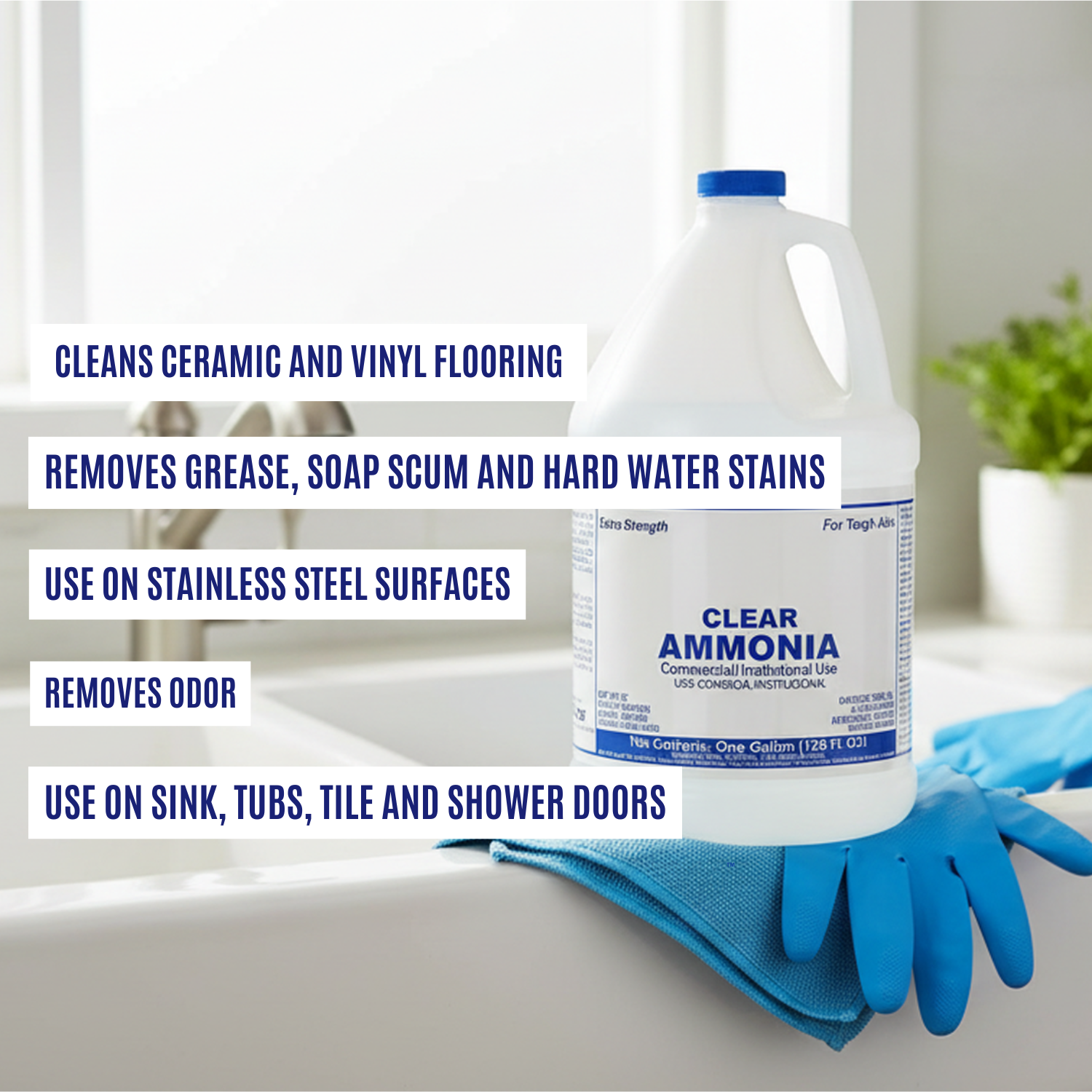 (4 Gallons) Clear Ammonia Cleaner Liquid, Multi-Surface Cleaning Solution | Removes Grease, Hard Water Stains and Odors - Multipurpose Kitchen Bathroom and Commercial Use - 1 Gallon, 4 Pack