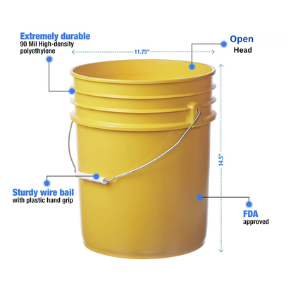 5 gal Open Head Pail, 12-3/8 in Dia, 14-3/4 in H, Yellow, HDPE
