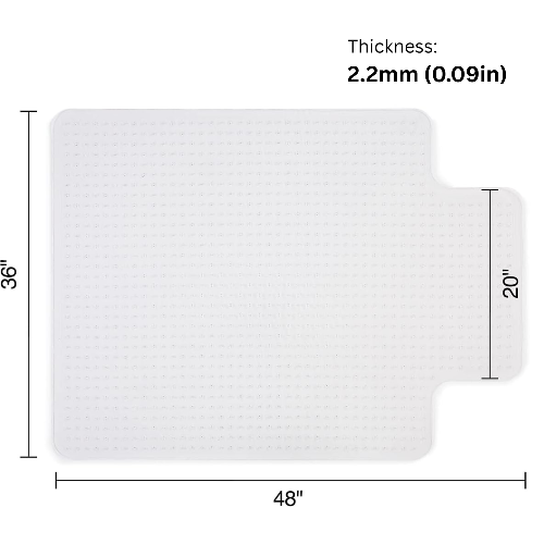 White mat with dimensions and thickness label on a white background