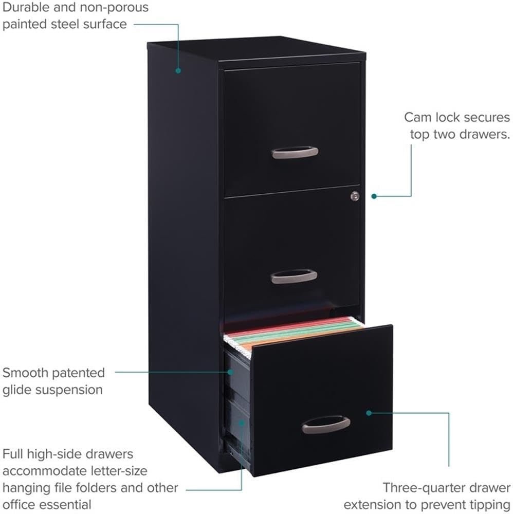 3 Drawer Vertical File Cabinet, Black, Letter