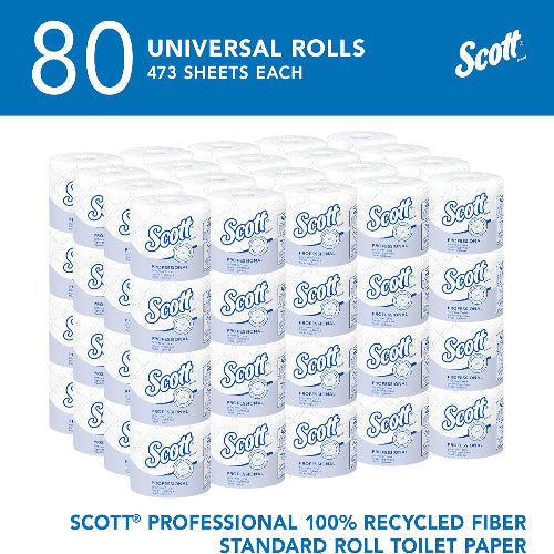 A bulk pack of 80 Scott Universal Rolls toilet paper, showing 20 stacked cartons of white paper with blue branding. The top and bottom of the image feature blue banners with white text detailing the quantity and product type.