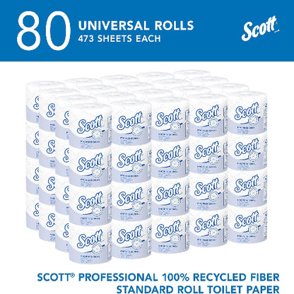A bulk pack of 80 Scott Universal Rolls toilet paper, showing 20 stacked cartons of white paper with blue branding. The top and bottom of the image feature blue banners with white text detailing the quantity and product type.