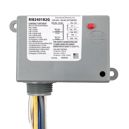 Functional Devices RIB2401B2G Power Relay, 20 Amp DPDT, 24 Vac/dc/120 Vac Coil, NEMA 1 Housing